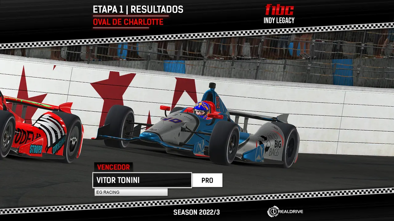 F1BC Indy Legacy: Vitor Tonini vence corrida eletrizante no oval de Charlotte, em dobradinha da EG Racing