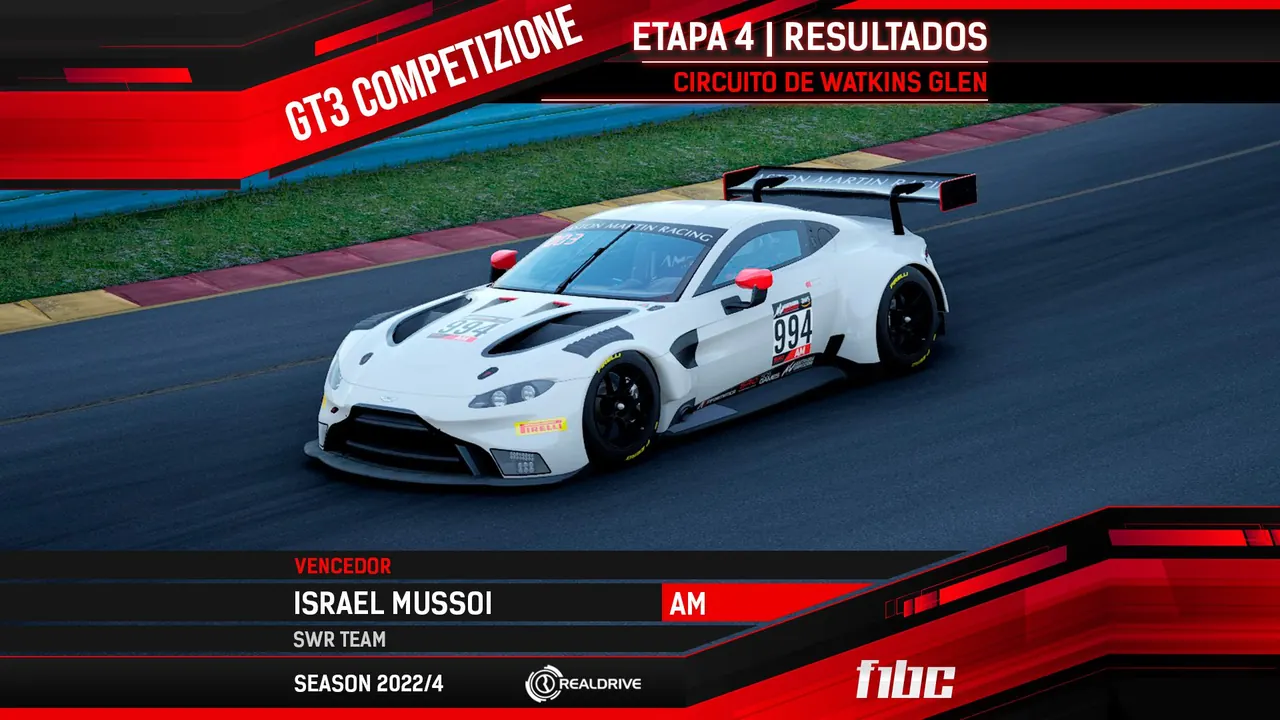 F1BC GT3 Competizione: Israel Mussoi (SWR) vence em Glen, e se aproxima de Fidel Moreira na tabela