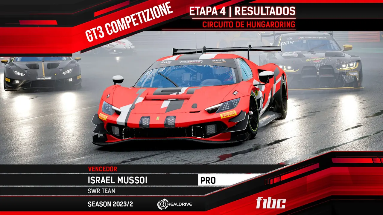F1BC GT3 Competizione: Israel Mussoi (SWR) vence na chuva em Hungaroring