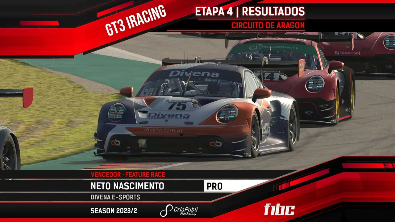 F1BC GT3 iRacing: Nathan Brito e Neto Nascimento vencem provas agitadas em Aragon