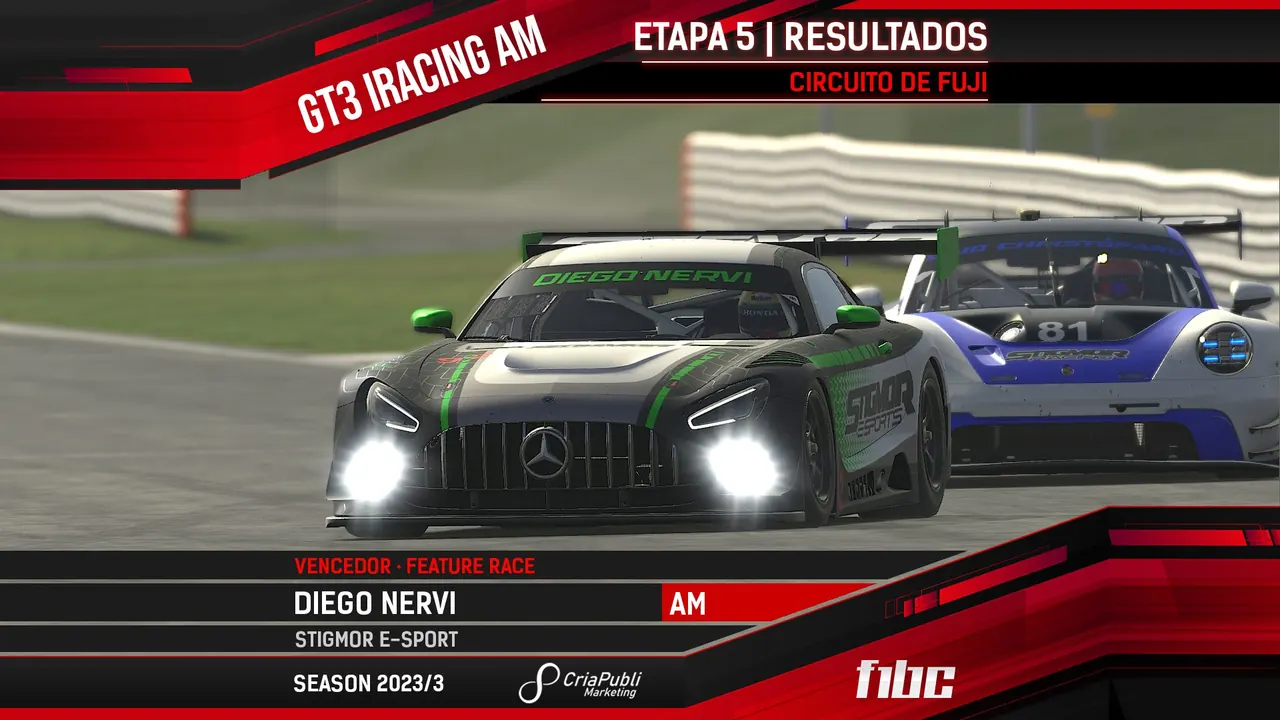 F1BC GT3 iRacing AM: Diego Nervi (STIGMOR) vence em Fuji e lidera campeonato